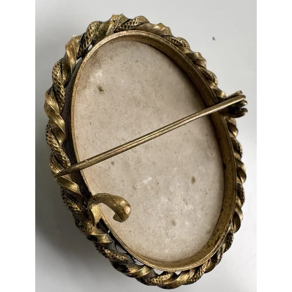 Antique Portrait Brooch 1800's Porcelain Painted En Relief Oval Pin